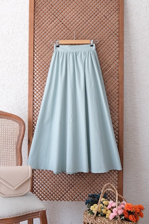 Turquoise Color Flared Gathered Poplin Skirt