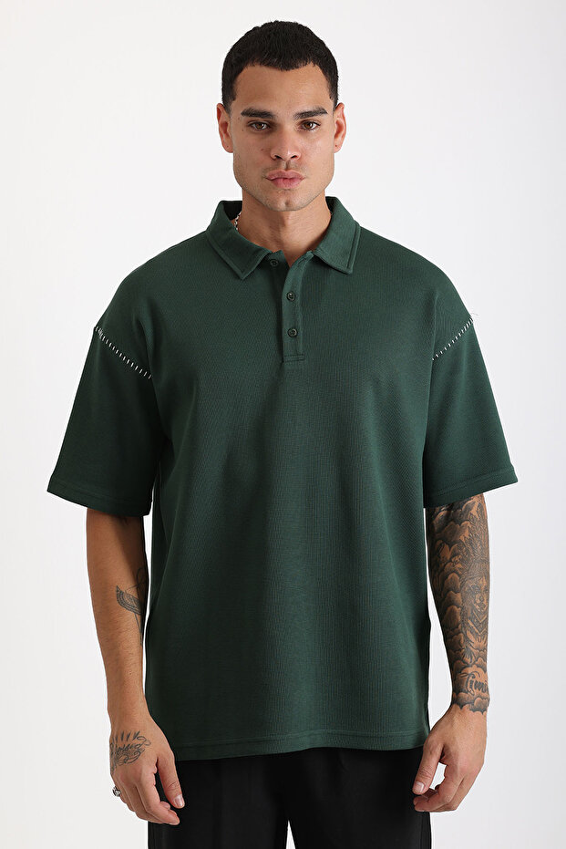 Shoulder Shepherd Stitch Detail Double Pique Fabric Loose Fit Men's Polo Neck T-Shirt