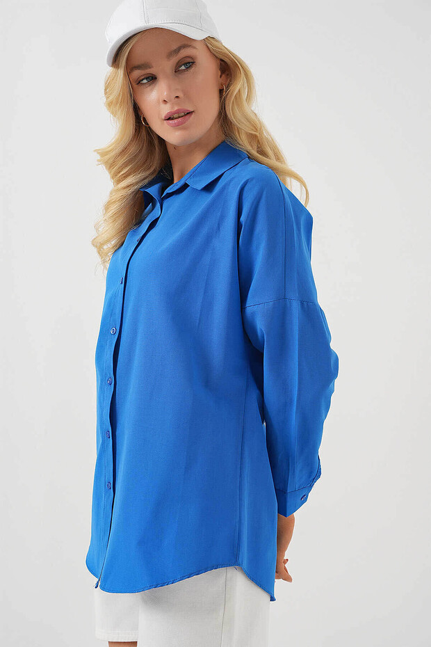 Oversize Uzun Basic Saks Kadın Gömlek 3900 - 4