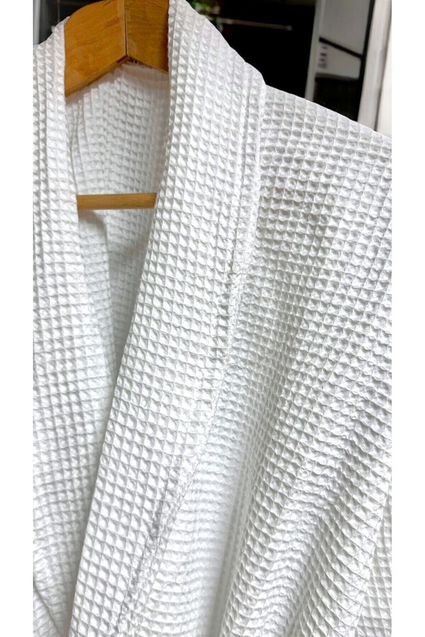 Pike waffle Desenli Şal Yaka Bornoz Otel Tipi Beyaz Lüks %100 Pamuklu Geniş Kalıplı - 4