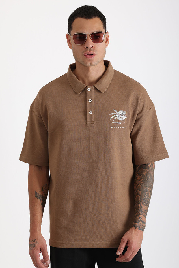 Chest Mykonos Embroidery Detailed Double Pique Fabric Loose Fit Men's Polo Neck T-Shirt