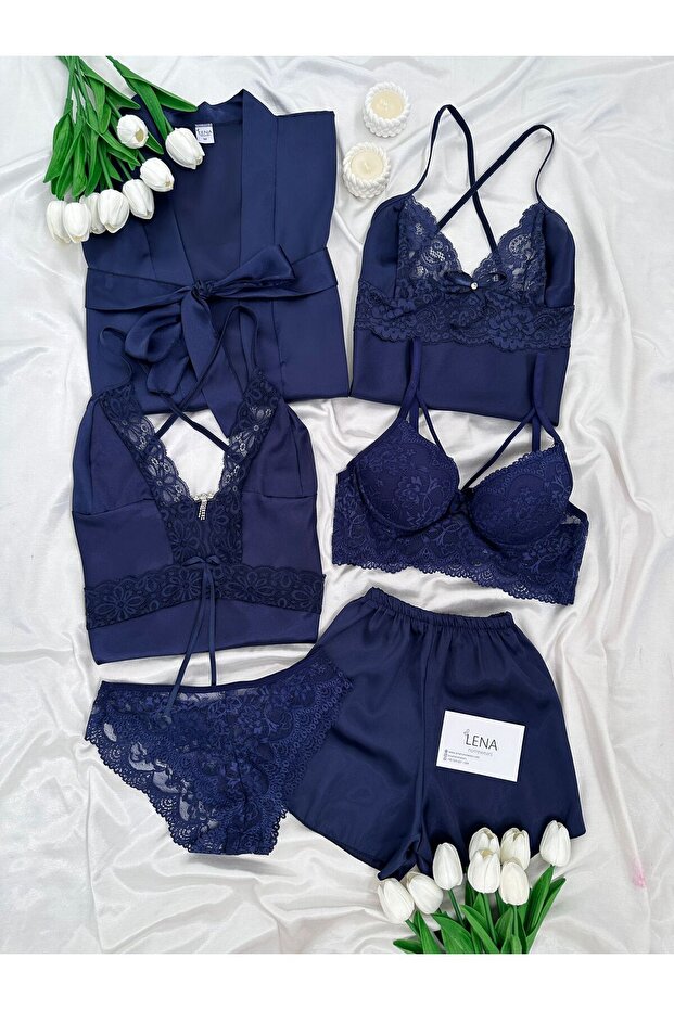 Navy Blue Vanessa Women's Satin Nightgown and Dressing Gown Dowry Set (Boxed)