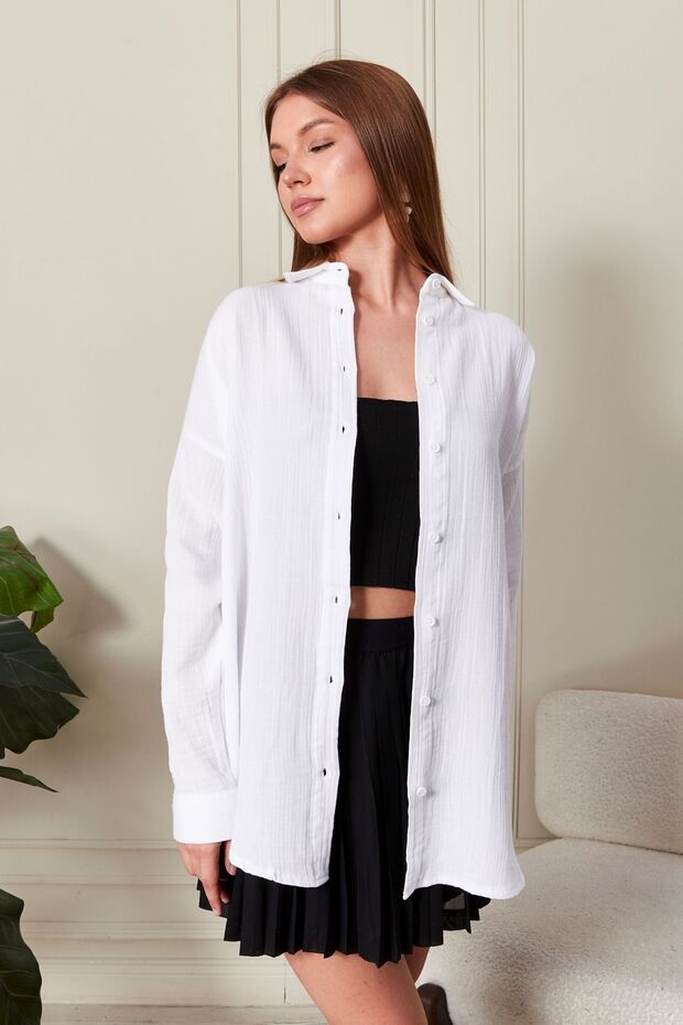 Kadın Oversize Basic Müslin Beyaz Gömlek - 2
