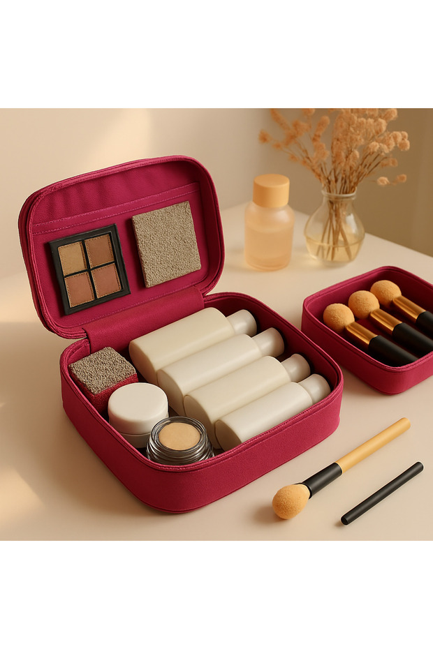 Fuchsia - 4 Compartment Makeup Bag| Care Travel Makeup Cosmetic Organizer Bag