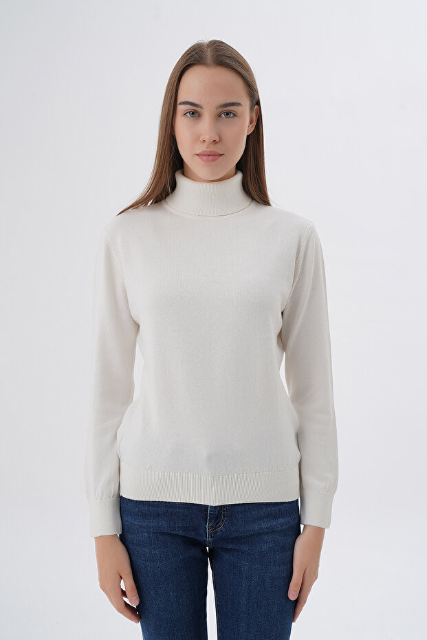 Ecru 100% Organic Cotton Turtleneck Sweater Knitted Blouse