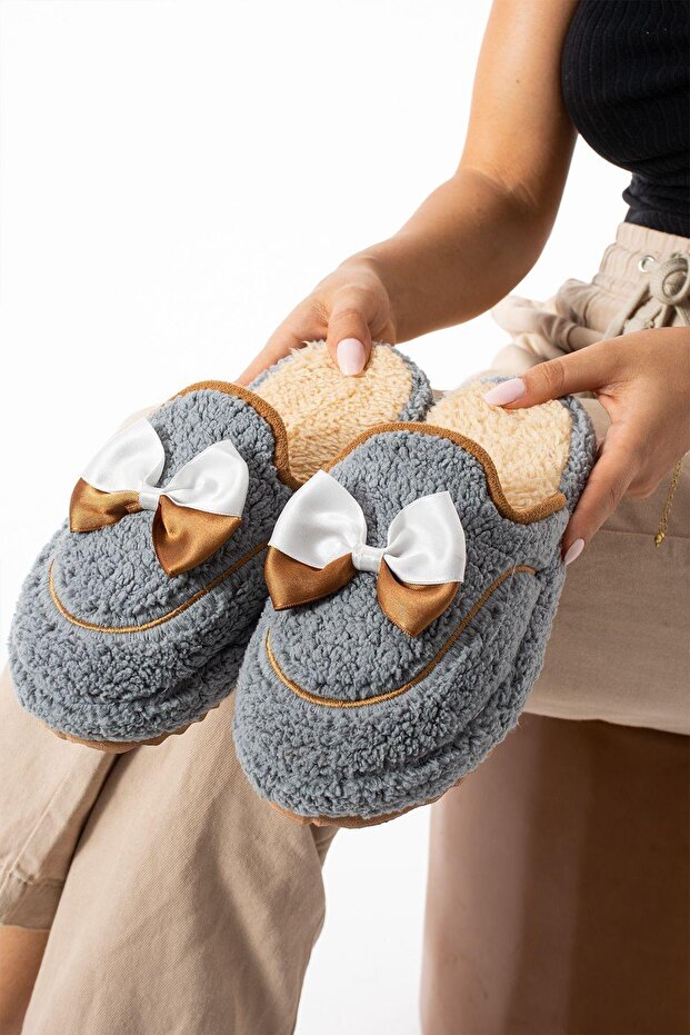 Gri Papyon Kışlık Kadın Terlik - 1