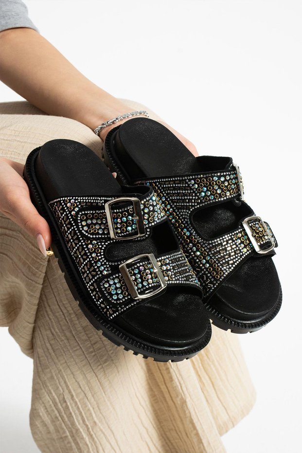 Black Double Buckle Stone Anatomical Comfortable Sole Slippers