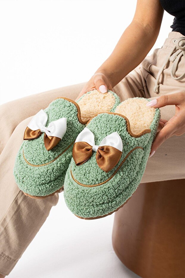 Yeşil Papyon Kışlık Kadın Terlik - 1