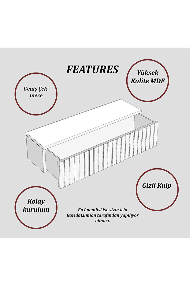 Konsol Tek Büyük Çekmeceli | Dresuar | Duvara Monte MDF Ahşap Raf | Makyaj Masası 80CM - 4