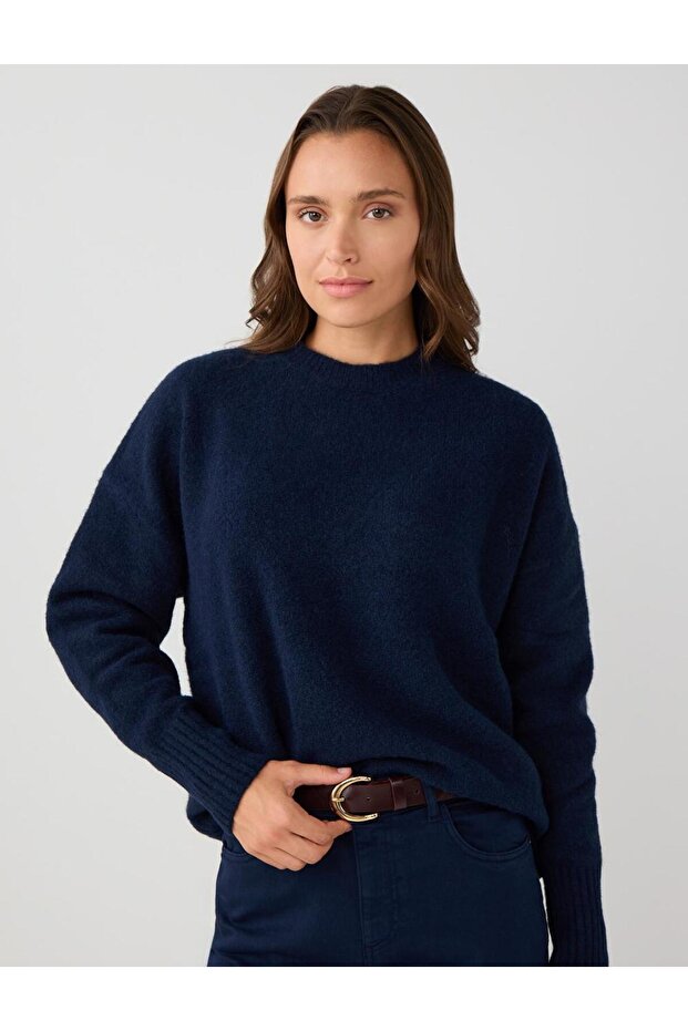 Lacivert Uzun Kollu Bisiklet Yaka Yün Karışımlı Triko Kazak - 1