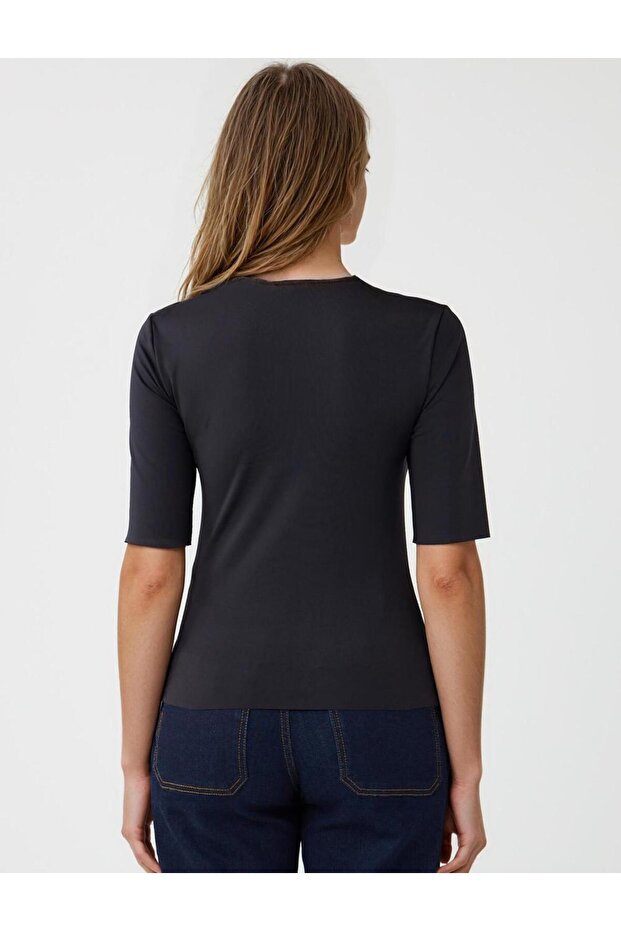 Siyah Dar Kesim Kare Yaka Dirsek Kol Örme Bluz - 5