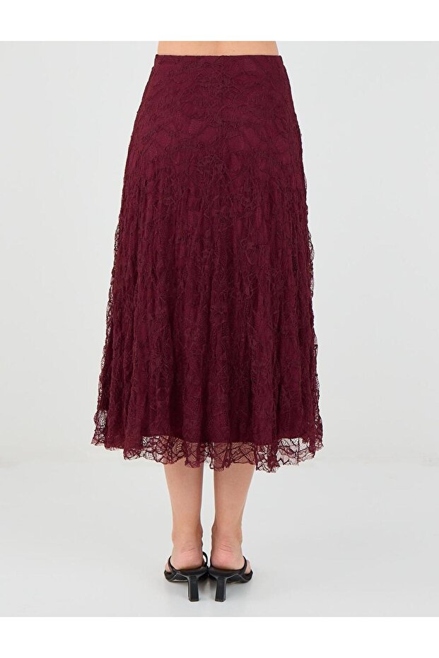 Bordo Yüksek Bel Dantel Detaylı Örme Midi Etek - 5