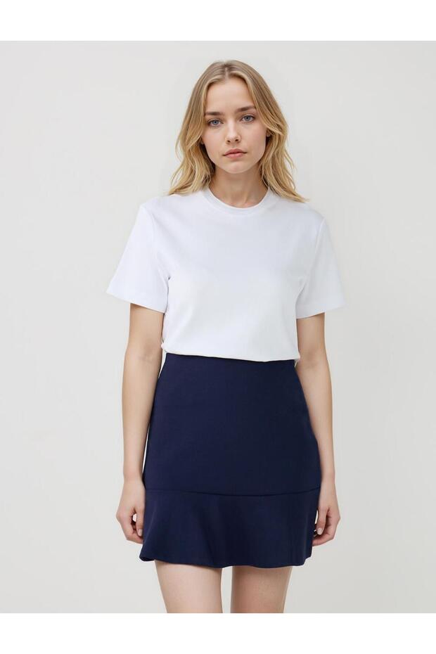 Beyaz %100 Pamuk Kısa Kollu Basic Örme Tişört - 1