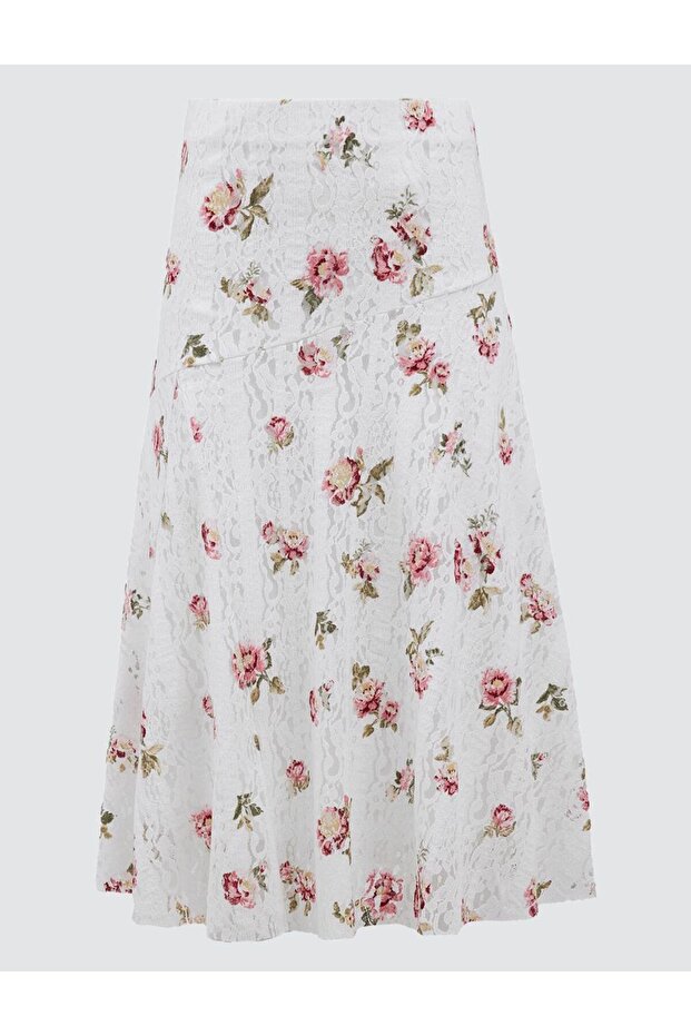 Ecru Floral Patterned Regular Waist Knitted Midi Skirt - 6