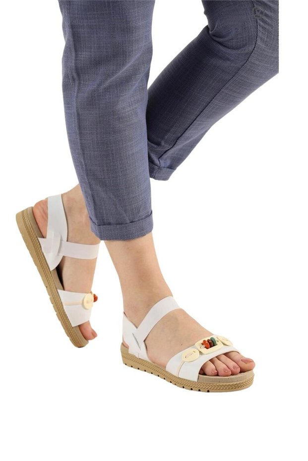 Elastic Bead Detailed Casual Women's Sandals White