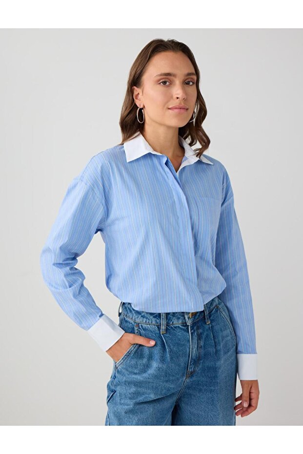 Açık Mavi Çizgi Desenli Uzun Kollu Dokuma Gömlek - 1
