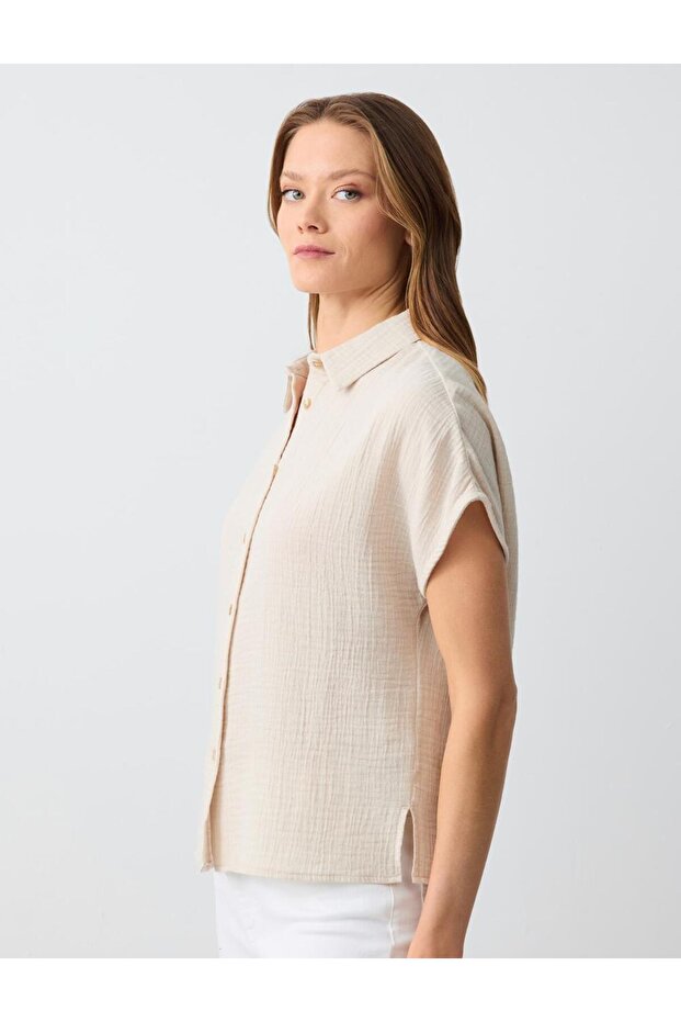 Bej Kısa Kollu Pamuklu Dokuma Gömlek - 4