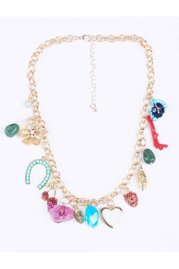 Altın Rengi Çok Charmlı Ayarlanabilir Kolye - 3