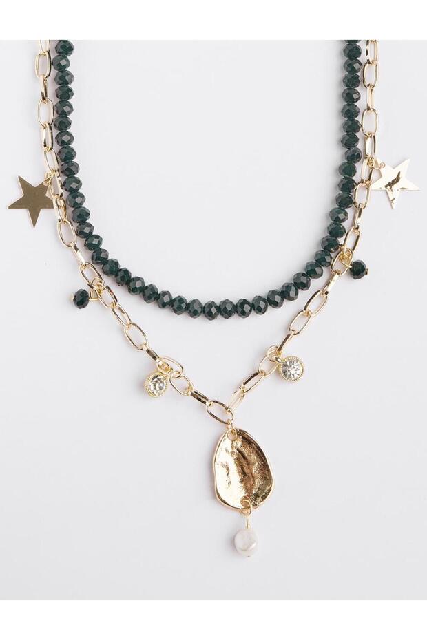 Siyah Yıldız Figürlü İncili İkili Ayarlanabilir Kolye - 3