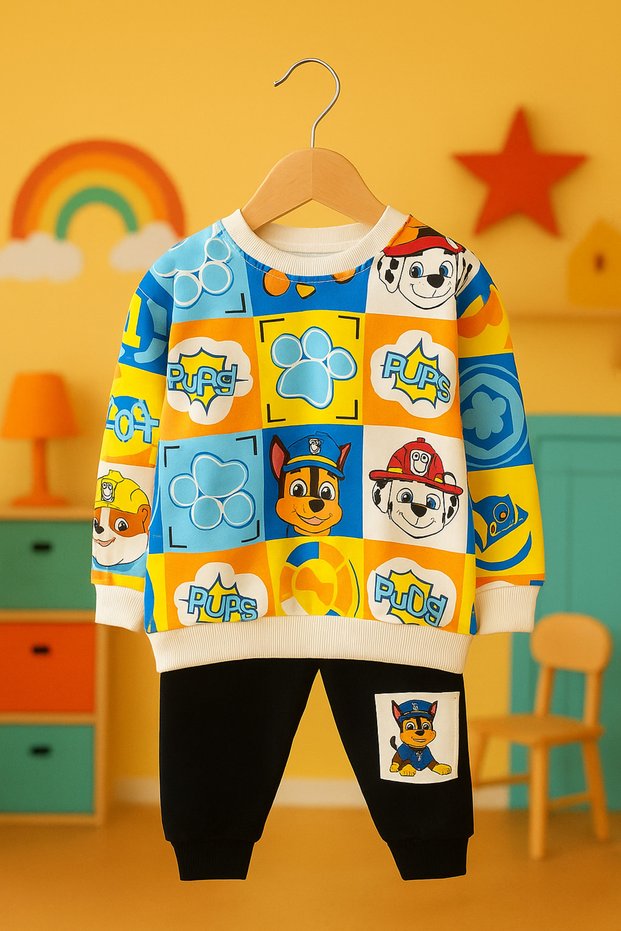 Colorful Cute Printed 3-Threaded Cotton Boys' Top and Bottom Set (Sizes for Ages 3-10)