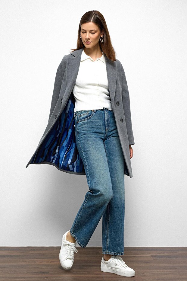 Patterned Lined Oversize Double Breasted Coat Gray 3095 - 2