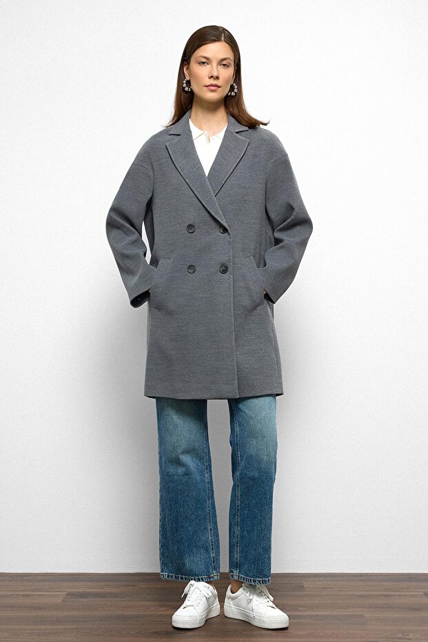 Patterned Lined Oversize Double Breasted Coat Gray 3095 - 3