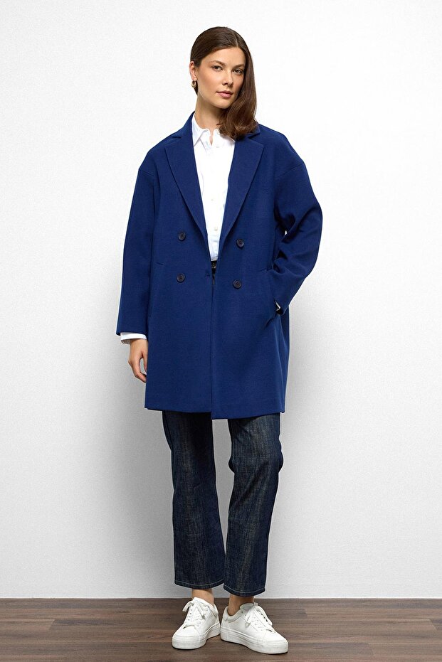 Patterned Lined Oversize Double Breasted Coat Cobalt Blue 3095