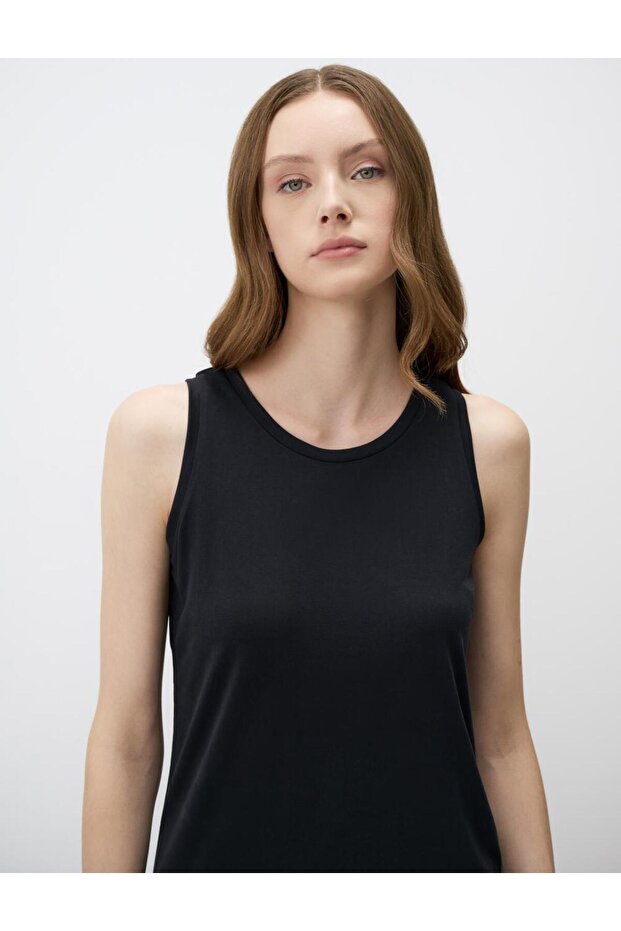 Siyah U Yaka Kolsuz Basic Örme Atlet - 5