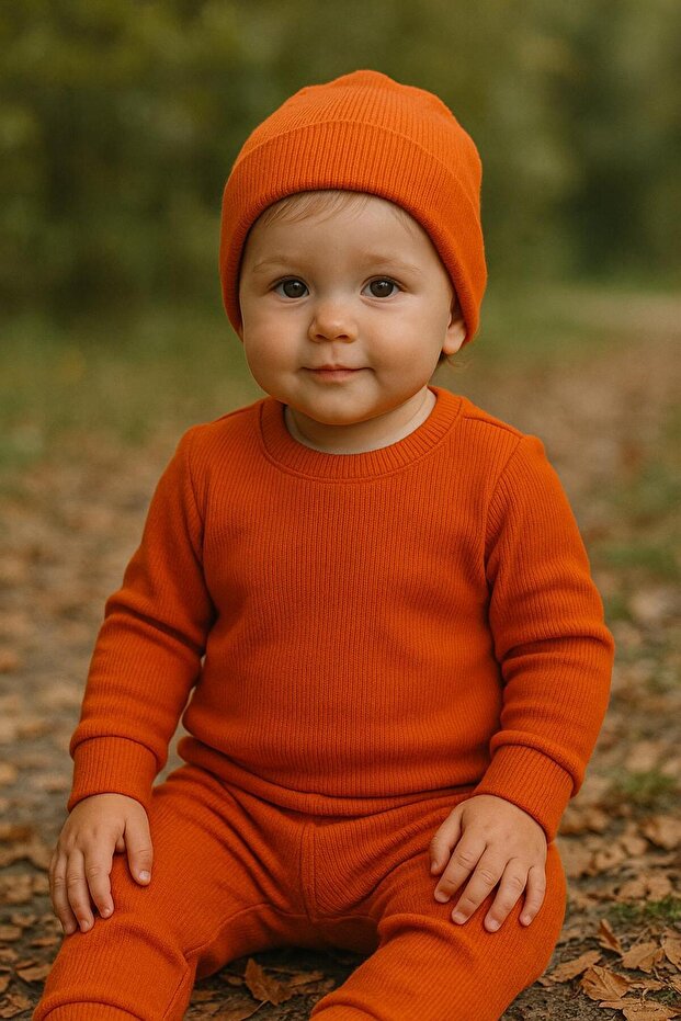 Basic Orange Hat Ribbed Tracksuit Set - 1
