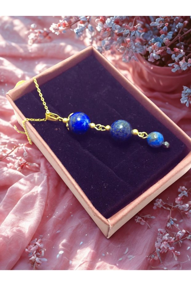 Lapis Lazuli Natural Stone Necklace - Blue Necklace - Casual Blue Lapis Lazuli Gold Colored Three Stone Necklace