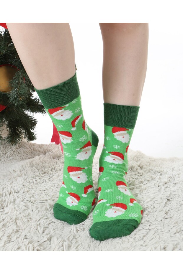 New Year Santa Claus Patterned Green Colored Socks