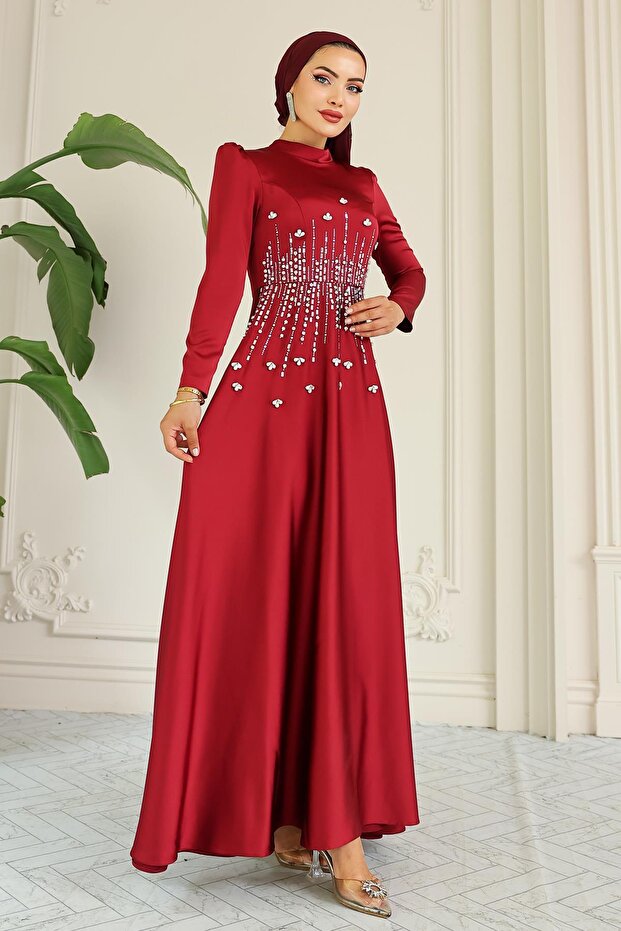 Flared Front Satin Hijab Evening Dress with Stone Pattern Bordo 1680