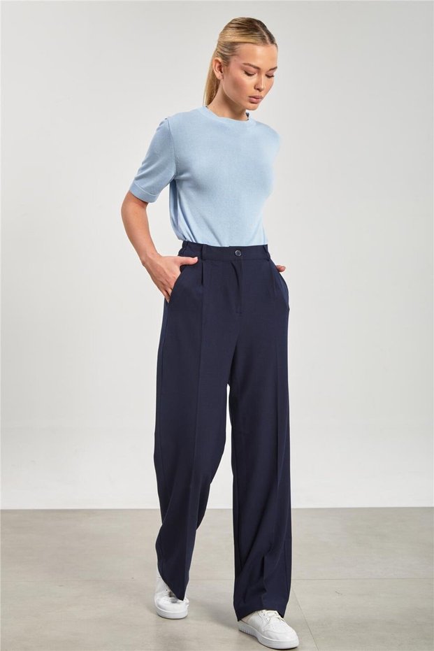 Women's Elastic Waist Palazzo Trousers - Navy Blue
