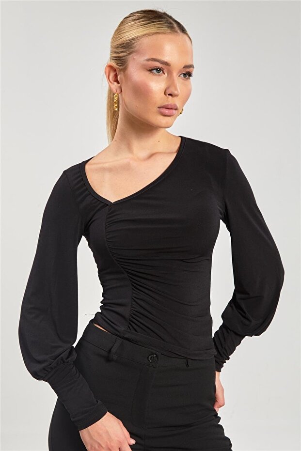 Women's Side V-Neck Gathered Blouse - Black