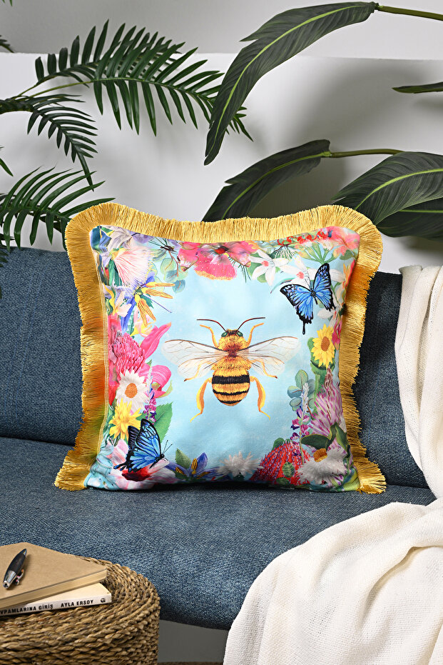 Watercolor Bee and Flower Patterned Digital Printed Velvet Cushion Cover with Fringes