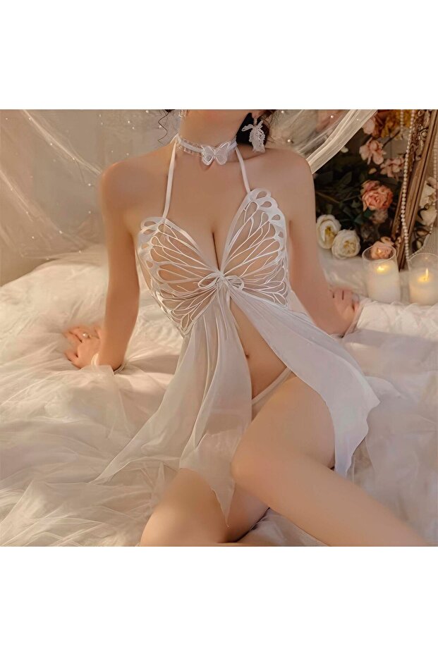 Kelebek Aplike Asimetrik Etek Ucu File Askılı Pijama Gecelik LB191 - 5