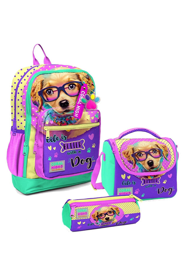 Girls' Three-Piece Elementary School Bag Set - Yellow and Pink Cute Dog