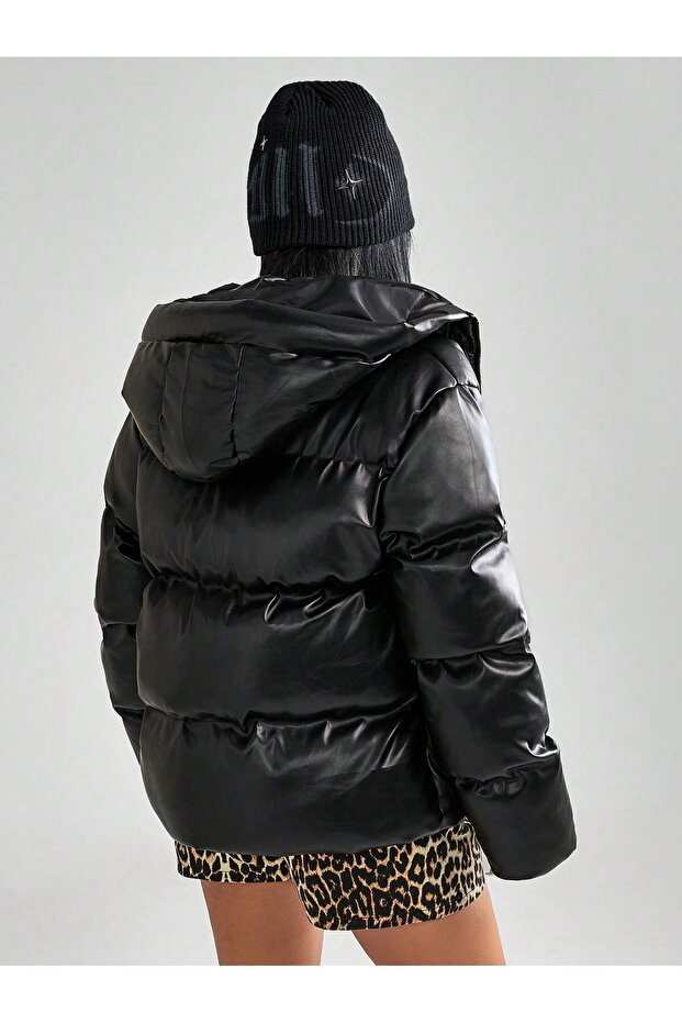 Kadın Kapüşonlu Şişme Deri Mont - 4