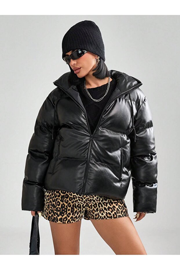 Kadın Kapüşonlu Şişme Deri Mont - 1