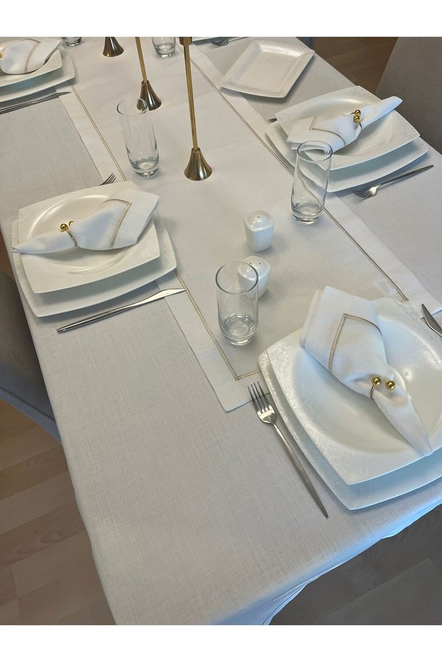 Polyester Linen Gold Piko Detailed Off-White Carefree Tablecloth + 6 Napkins