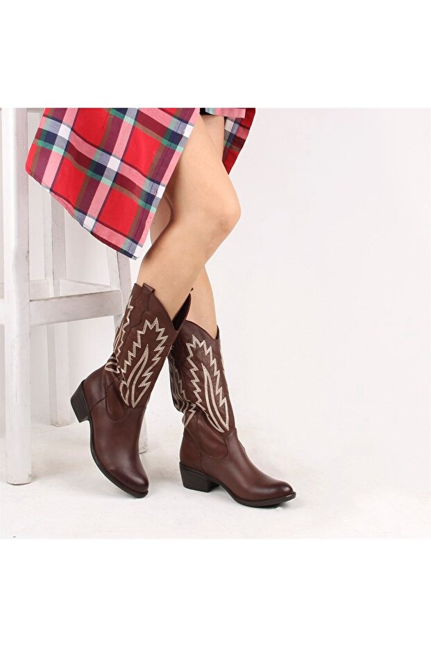 - Brown Leather Embroidered Women's Boots 105-3387-Venus