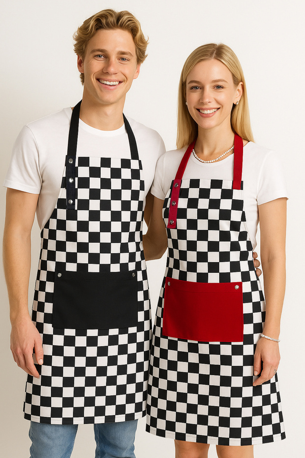 Stain-Repellent Water Repellent Fabric Checkerboard Patterned Apron Set of 2 with Pockets Women Men Kitchen Apron