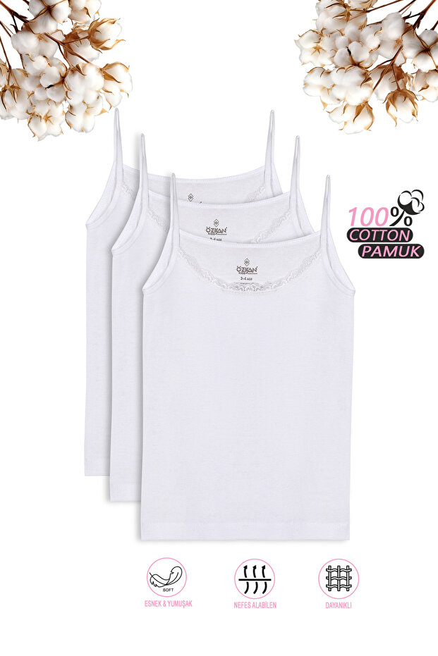 Özkan 0806 3-Pack Girls' 100% Cotton Ribbed Flexible Comfortable Lace Collar Tank Top with String Straps