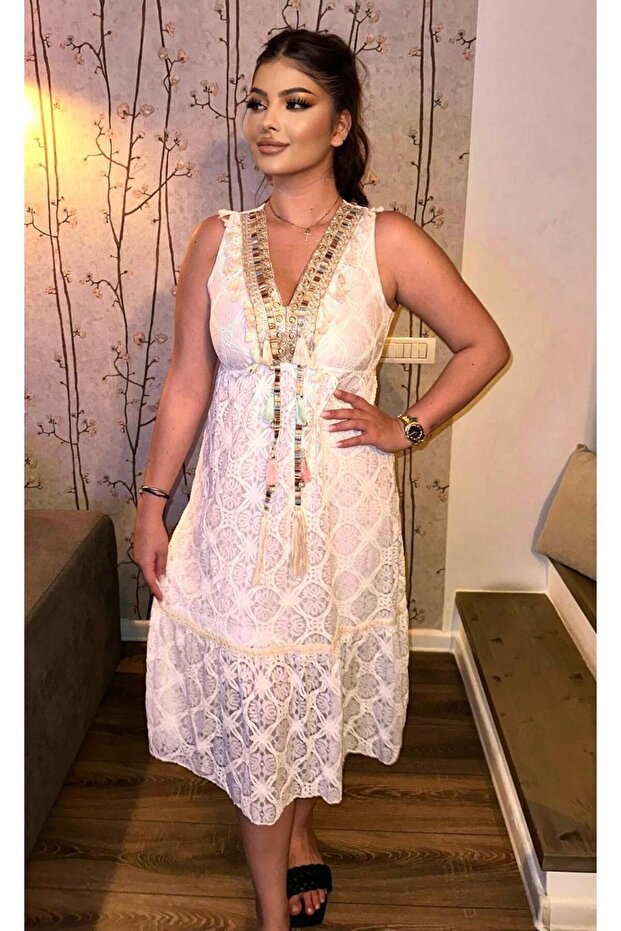 Rochie lungă, dantelă, albă - 2