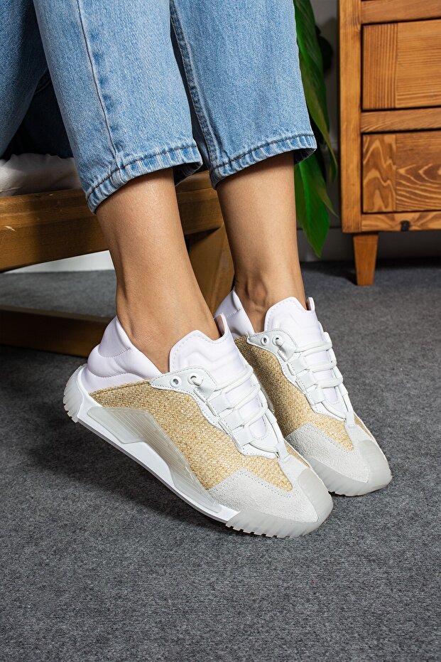 Fueda White Straw-Suede Women's Sneakers