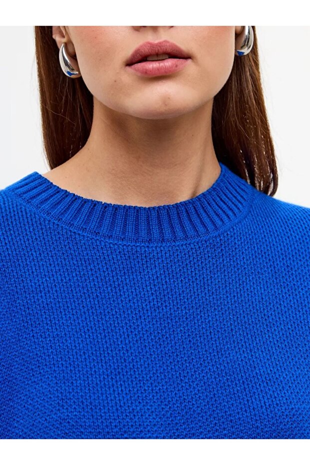 Saks Mavi Bisiklet Yaka Oversize Triko Kazak - 4