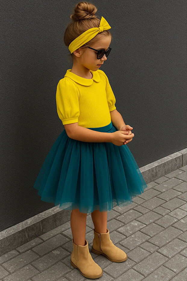 Girl's Liyocel Cotton Fabric Tulle Skirt 3-Piece Set Mustard 3–9 Years Rg Brand Rg1483