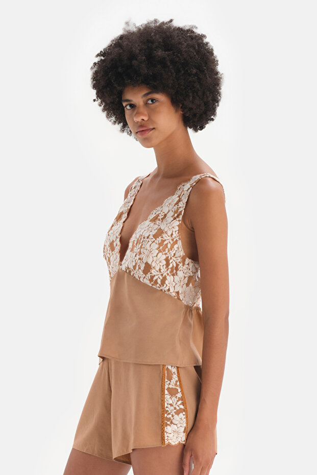 Brązowa aksamitna koszulka w paski ze szczegółowymi marszczeniami - 5