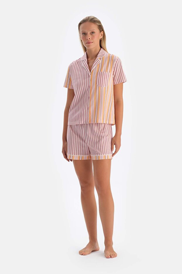 Multicolor Patchwork Çizgili Şortlu Pijama Takımı - 4