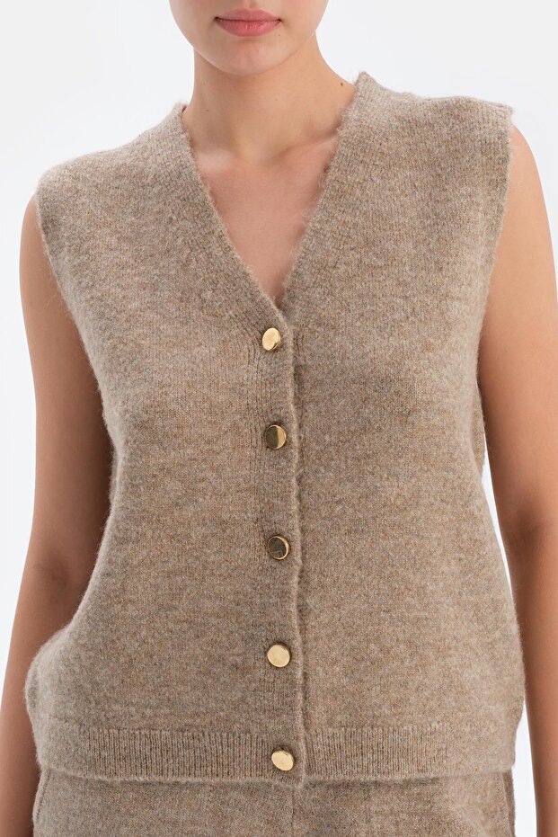 Beige V-Neck Buttoned Wool Vest - 5